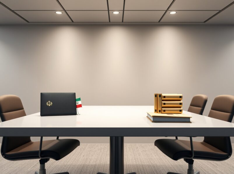 Symbolic diplomatic setting for potential Iran-US nuclear negotiations with flags and documents.