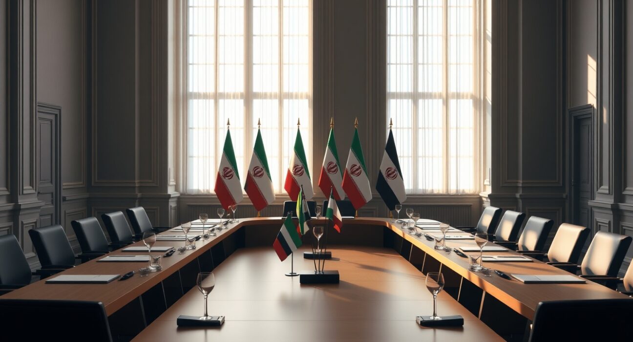 Empty diplomatic conference room with flags in Vienna for Iran nuclear talks