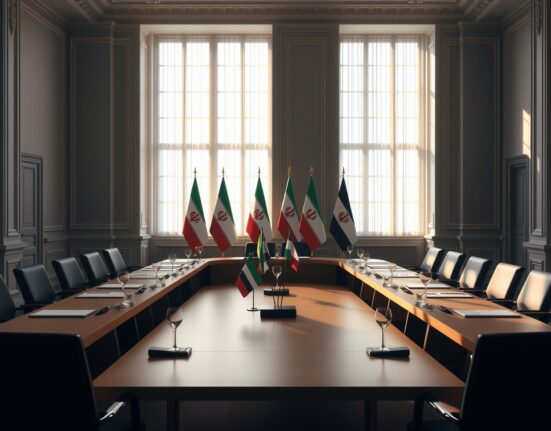 Empty diplomatic conference room with flags in Vienna for Iran nuclear talks
