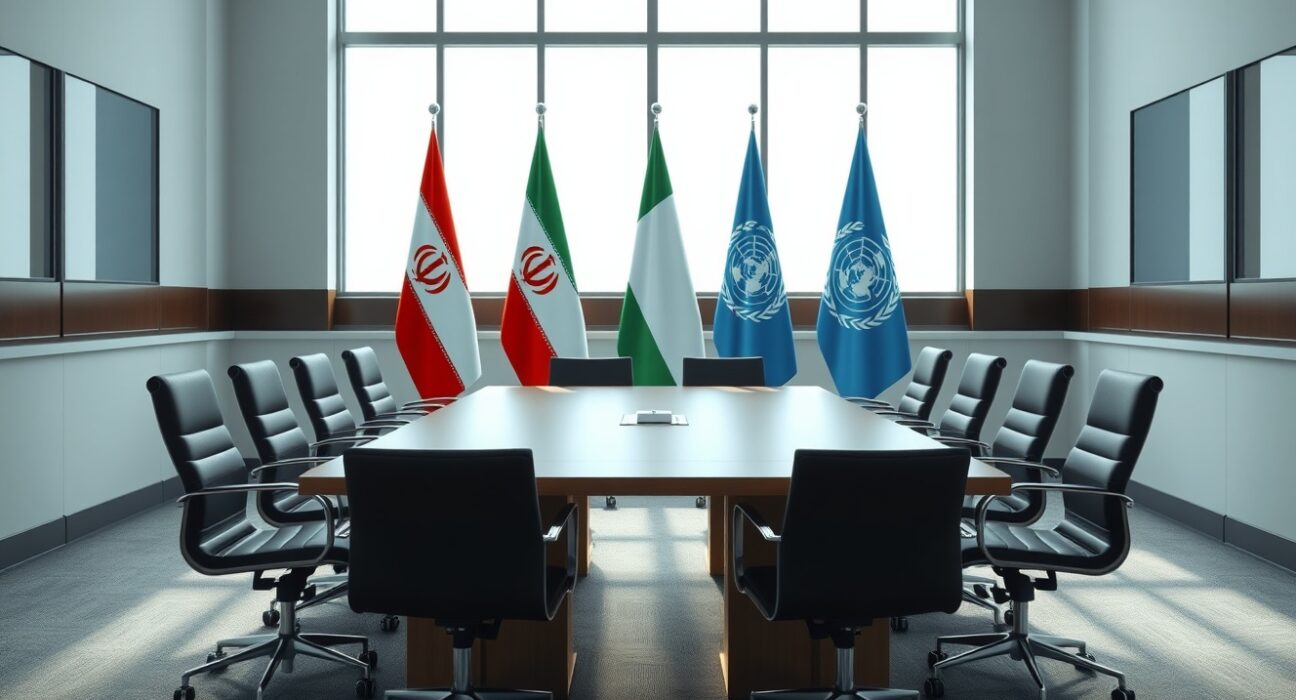 Empty diplomatic meeting room with Iranian and UN flags, representing nuclear negotiations