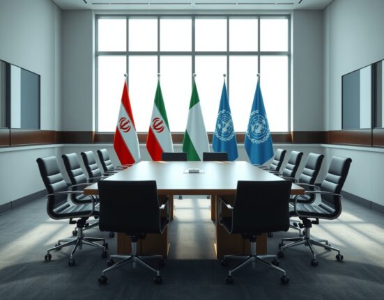 Empty diplomatic meeting room with Iranian and UN flags, representing nuclear negotiations