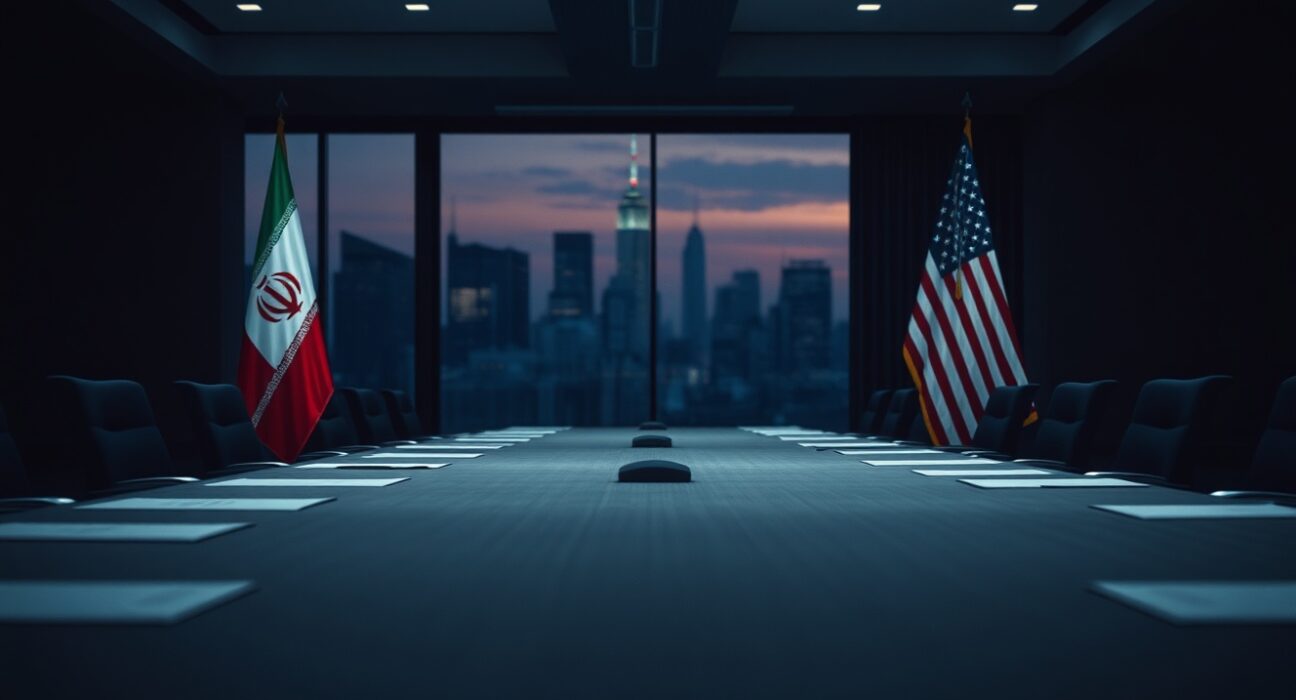 Iranian and US flags in a dimly lit conference room, symbolizing stalled nuclear negotiations.