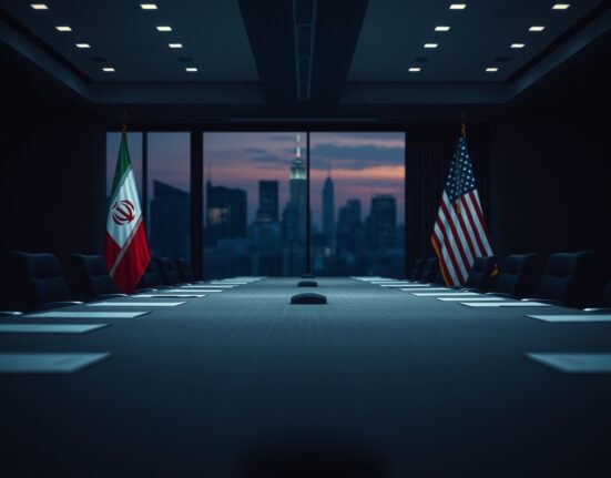 Iranian and US flags in a dimly lit conference room, symbolizing stalled nuclear negotiations.