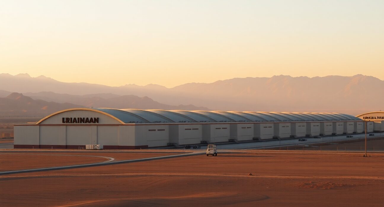 Aerial view of an Iranian uranium enrichment facility in a desert landscape at dawn, representing the nation's nuclear program.