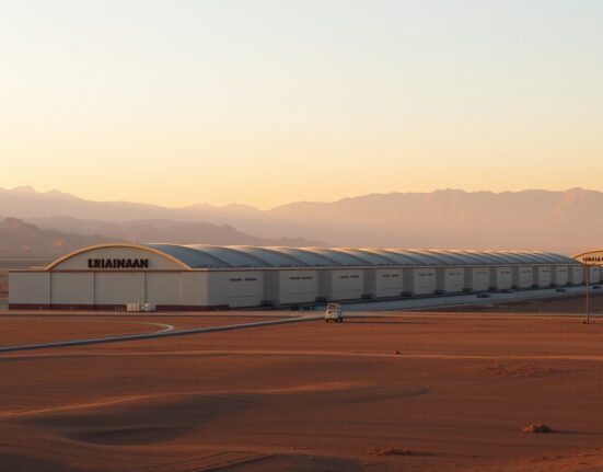 Aerial view of an Iranian uranium enrichment facility in a desert landscape at dawn, representing the nation's nuclear program.