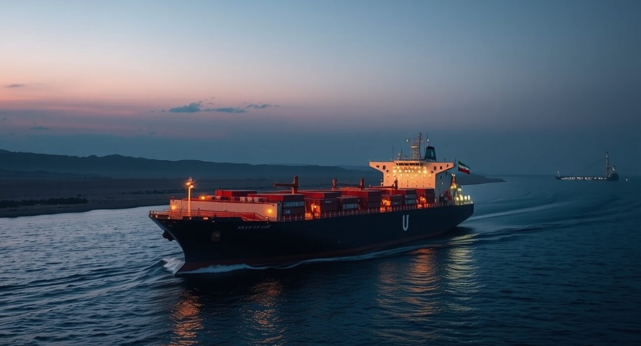 Iranian oil tanker navigating the strategic Strait of Hormuz amid US blockade tensions.