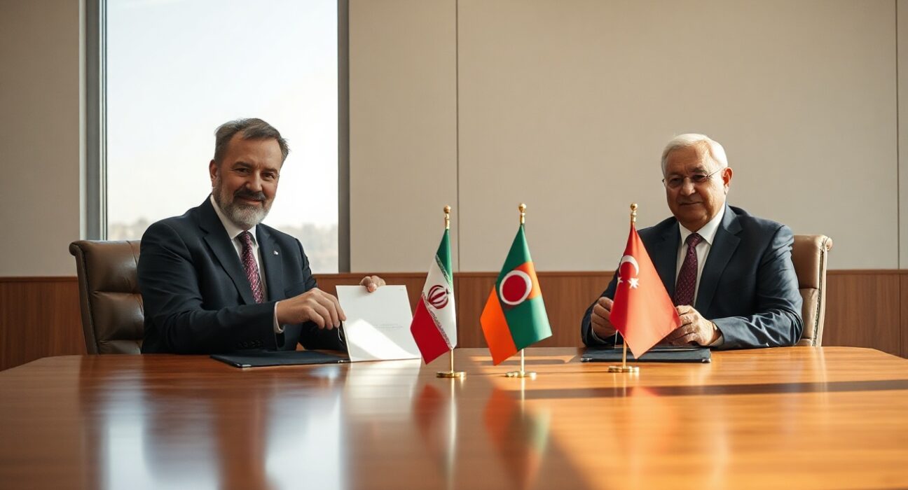 Diplomats from Iran and Oman sign an economic agreement at a formal meeting.