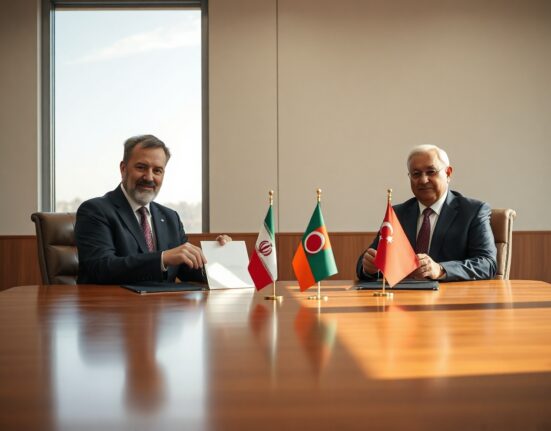 Diplomats from Iran and Oman sign an economic agreement at a formal meeting.