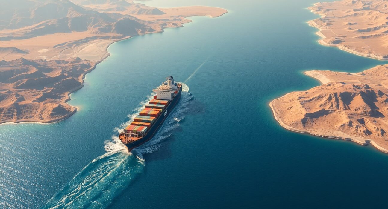 Aerial view of ships navigating the strategic Strait of Hormuz chokepoint.