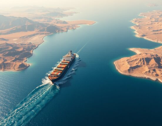 Aerial view of ships navigating the strategic Strait of Hormuz chokepoint.