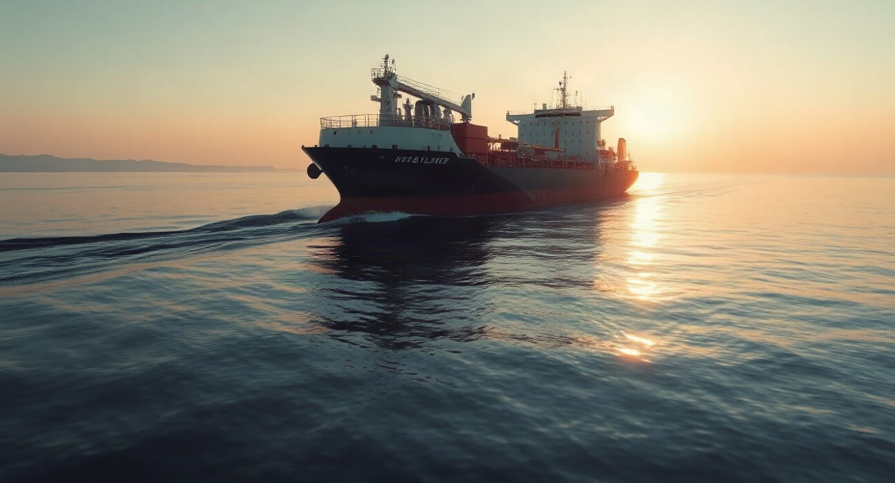 Oil tanker navigating the Strait of Hormuz at dawn