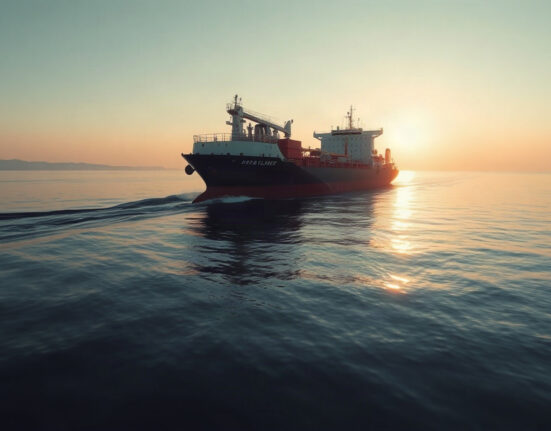 Oil tanker navigating the Strait of Hormuz at dawn