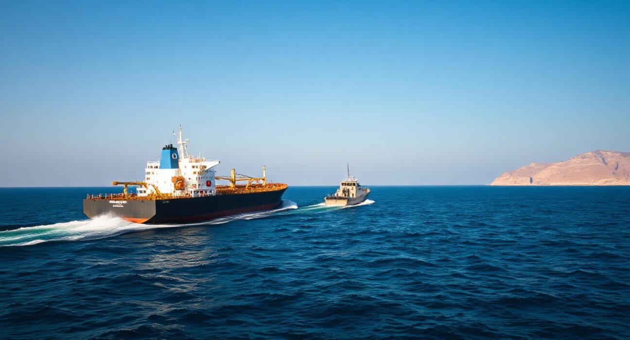 Oil tanker and patrol boat navigating the Strait of Hormuz near the Iranian coast.
