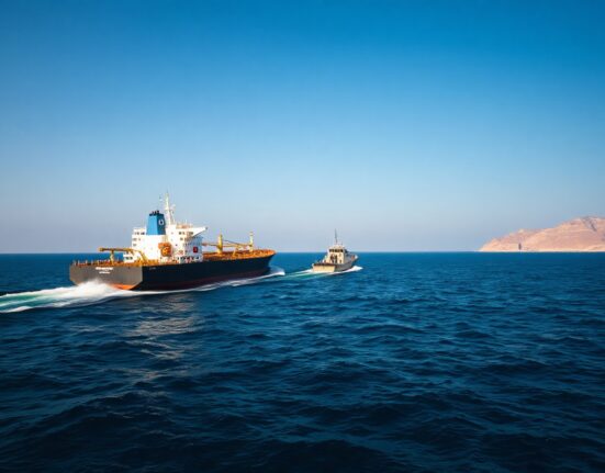 Oil tanker and patrol boat navigating the Strait of Hormuz near the Iranian coast.
