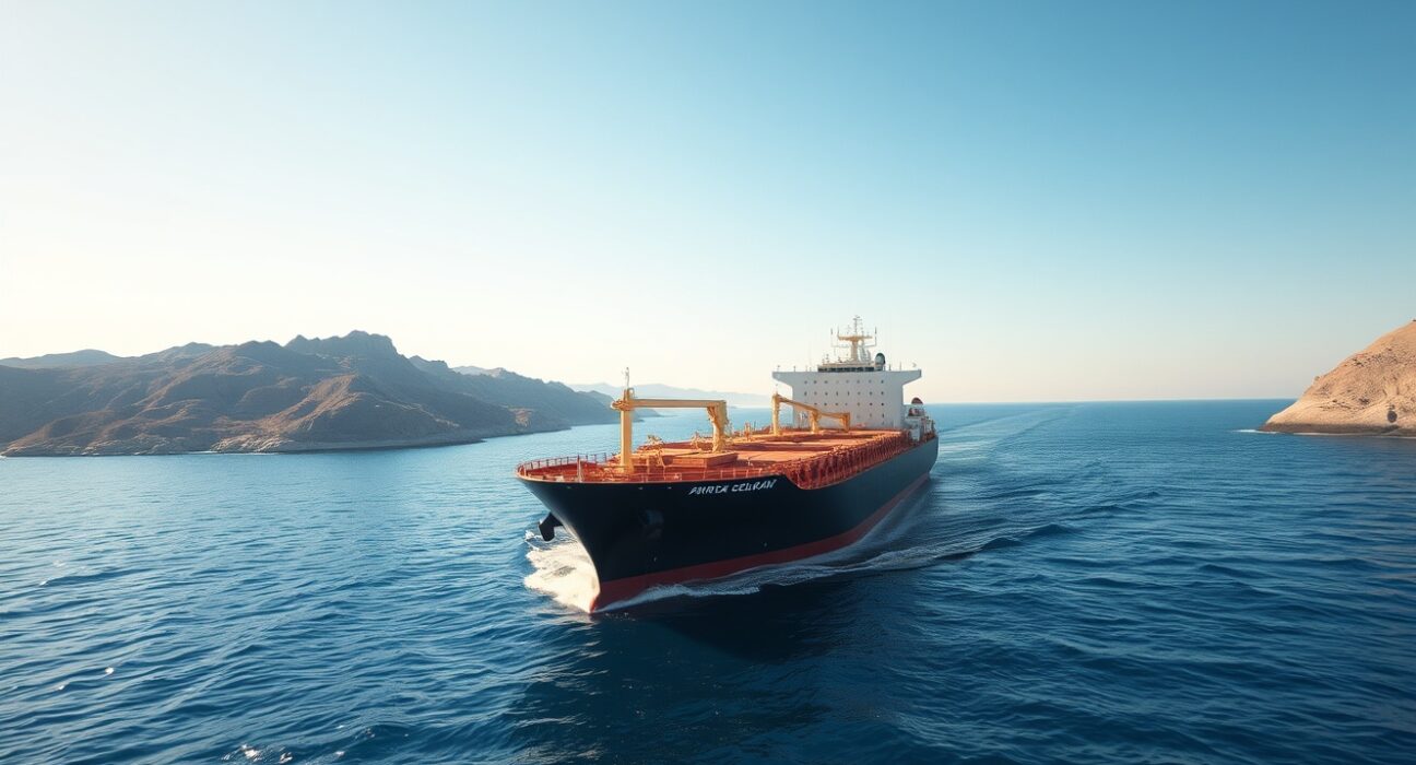 Oil tanker navigating the Strait of Hormuz near the Iranian coastline under clear skies.