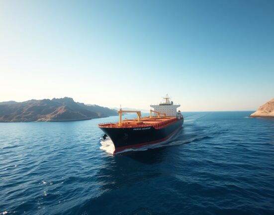 Oil tanker navigating the Strait of Hormuz near the Iranian coastline under clear skies.