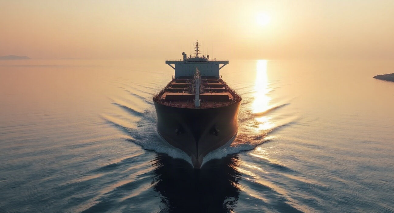Oil tanker navigating the Strait of Hormuz with coastlines of Iran and Oman in background