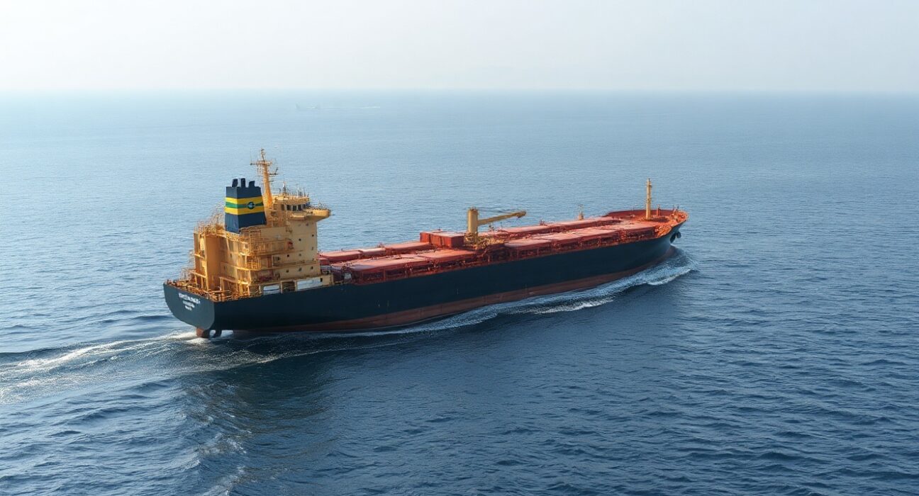 Cargo ship navigating the Strait of Hormuz near the Omani coast