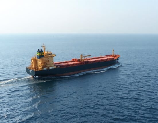 Cargo ship navigating the Strait of Hormuz near the Omani coast