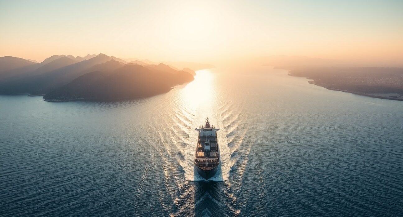Oil tanker navigating the Strait of Hormuz between Iran and Oman