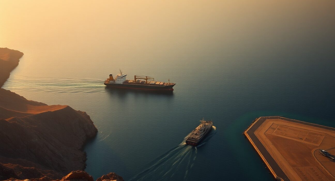 Aerial view of the Strait of Hormuz with a tanker and naval vessel navigating between Iran and Oman at sunrise