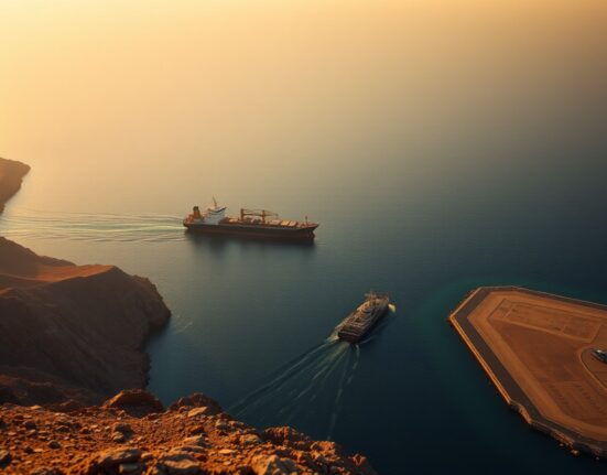 Aerial view of the Strait of Hormuz with a tanker and naval vessel navigating between Iran and Oman at sunrise