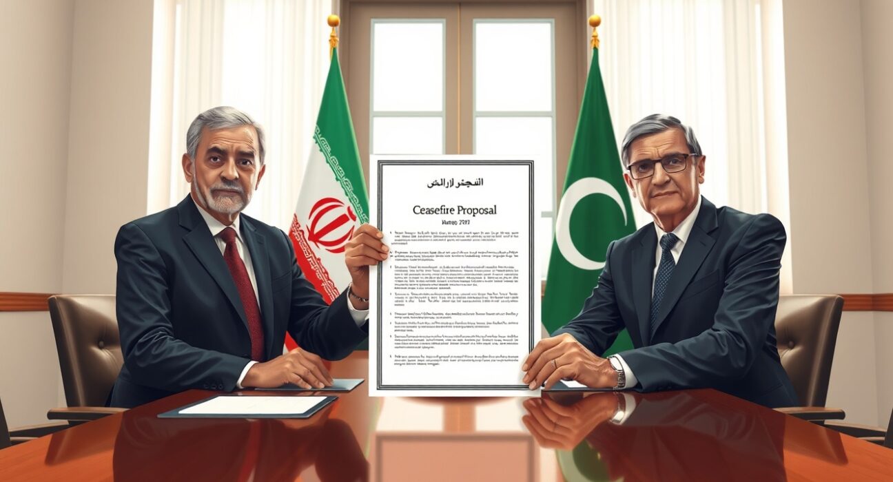 Diplomatic meeting discussing Iran ceasefire proposal between Iranian and Pakistani officials
