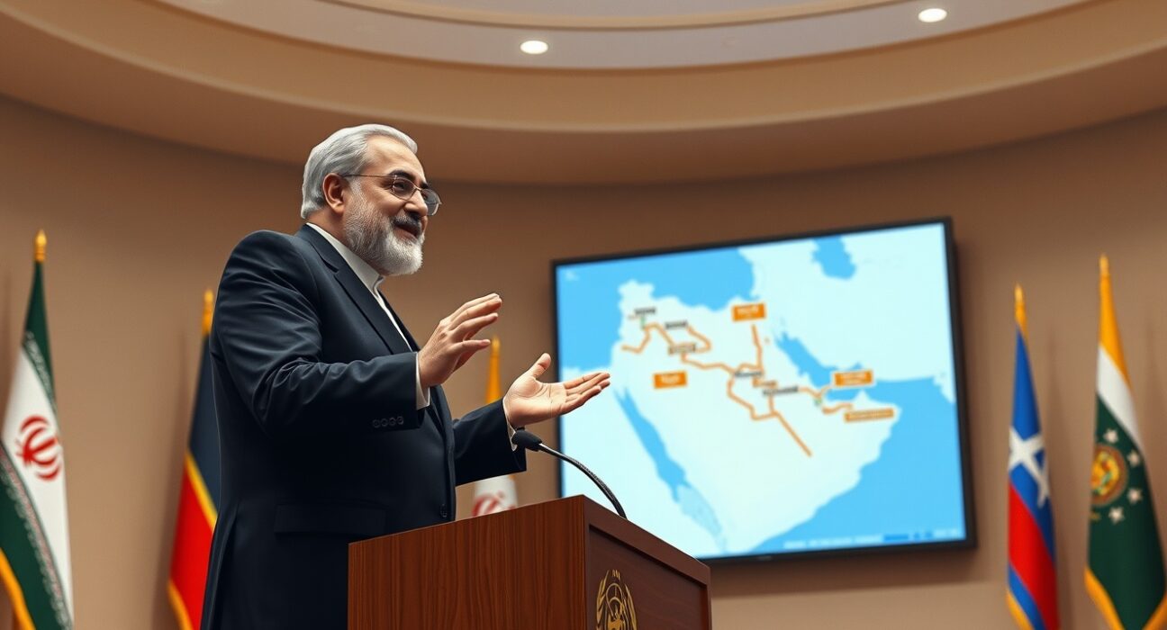 Iran foreign minister presenting a peace plan to end the war at a diplomatic conference