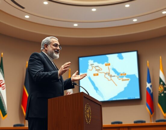 Iran foreign minister presenting a peace plan to end the war at a diplomatic conference
