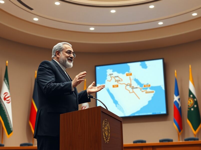 Iran foreign minister presenting a peace plan to end the war at a diplomatic conference