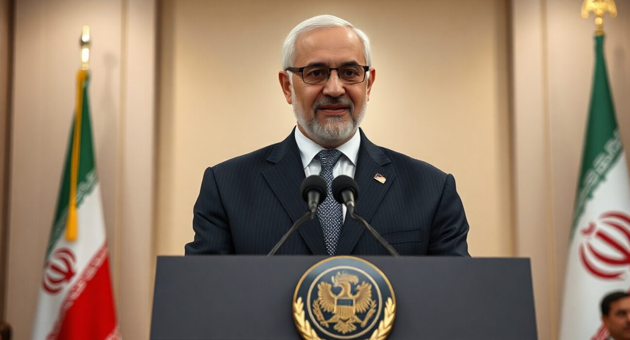 Iranian President Masoud Pezeshkian speaking at a press conference in Tehran