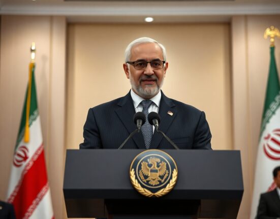 Iranian President Masoud Pezeshkian speaking at a press conference in Tehran