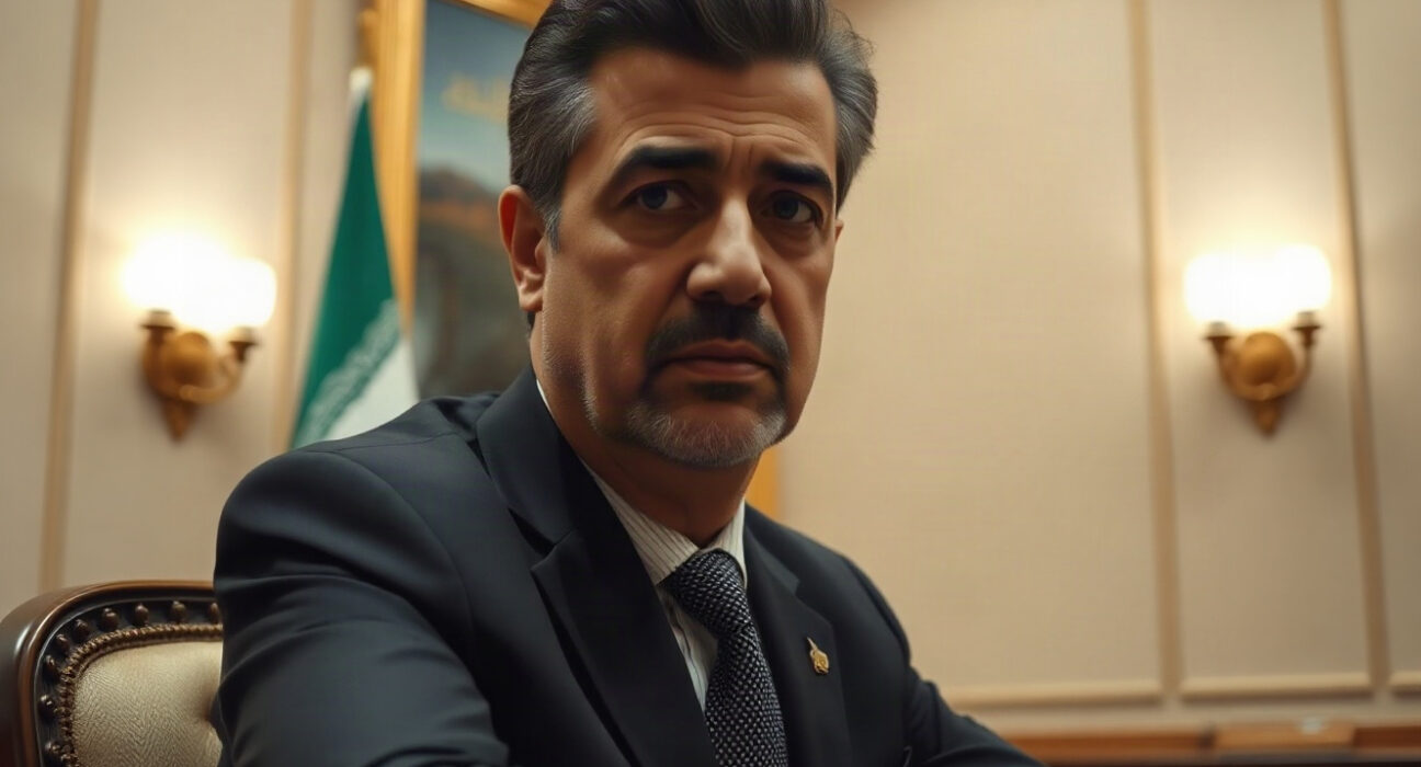Iranian President Masoud Pezeshkian speaking in a formal meeting, with an Iranian flag in the background.