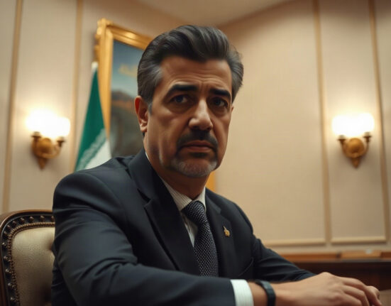 Iranian President Masoud Pezeshkian speaking in a formal meeting, with an Iranian flag in the background.