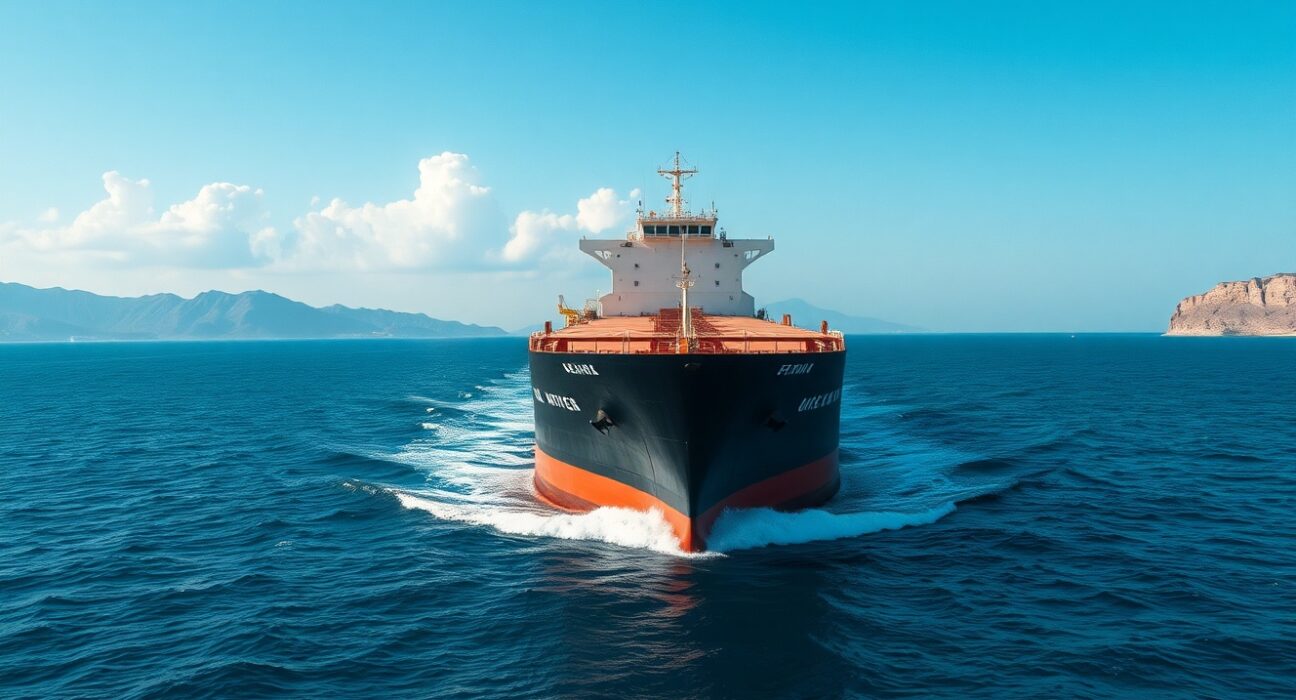 Oil tanker sailing through the Strait of Hormuz near the Iranian coast