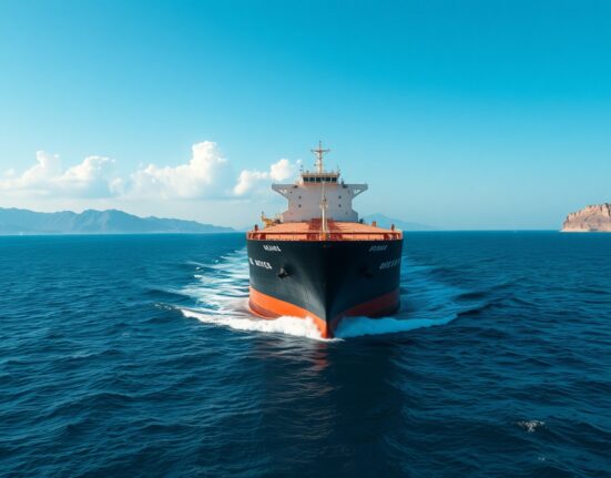 Oil tanker sailing through the Strait of Hormuz near the Iranian coast