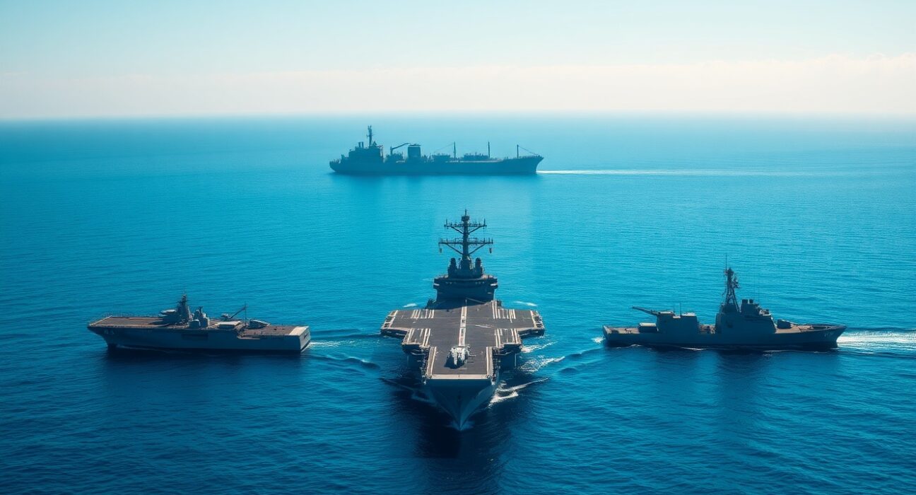 US Navy warships enforcing Iran port blockade in the Persian Gulf, reflecting ongoing Pentagon maritime operations.