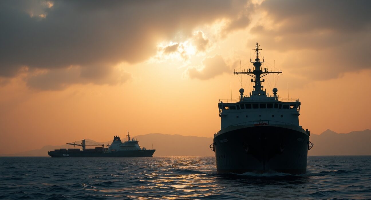 Strait of Hormuz with cargo ship and Iranian naval vessel at sunset