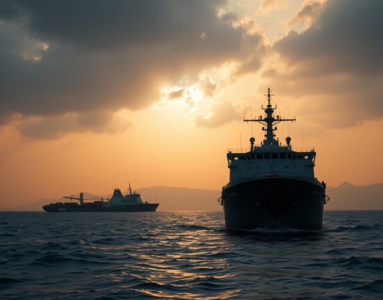 Strait of Hormuz with cargo ship and Iranian naval vessel at sunset