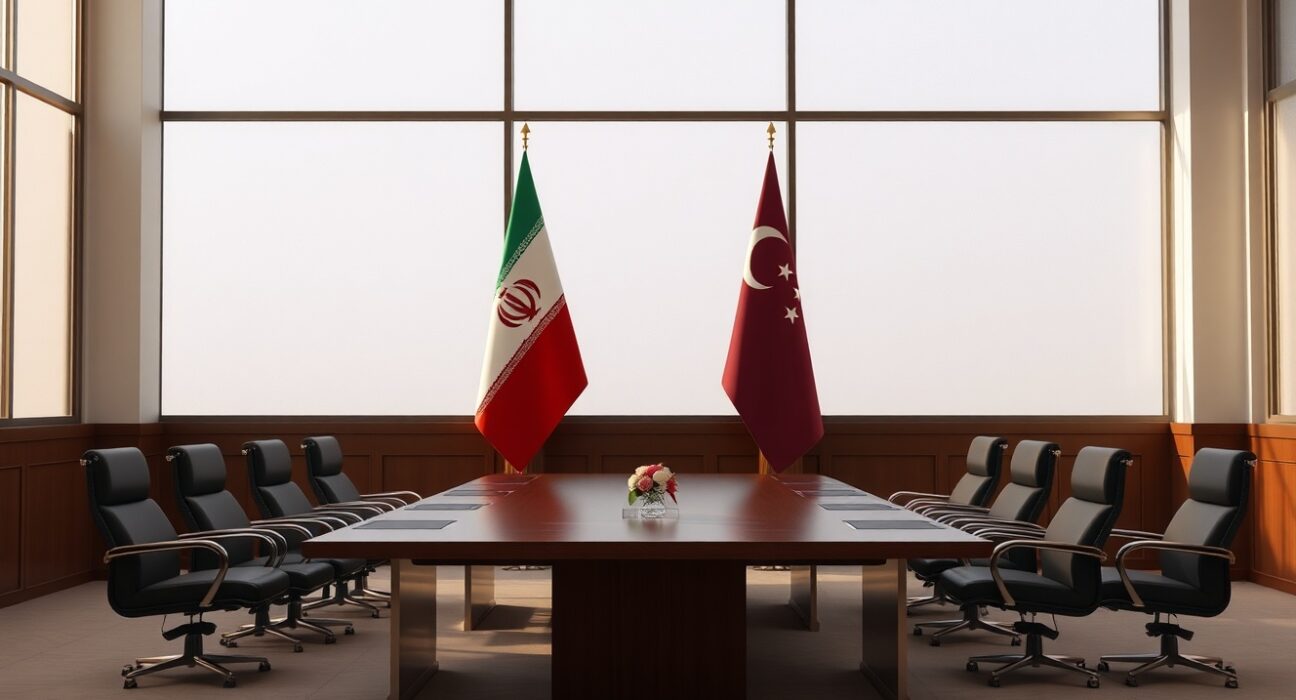 Iranian and Qatari flags in a diplomatic meeting room, representing ongoing asset negotiations.