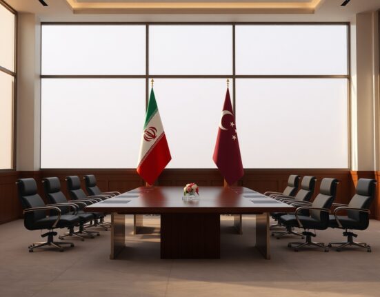 Iranian and Qatari flags in a diplomatic meeting room, representing ongoing asset negotiations.