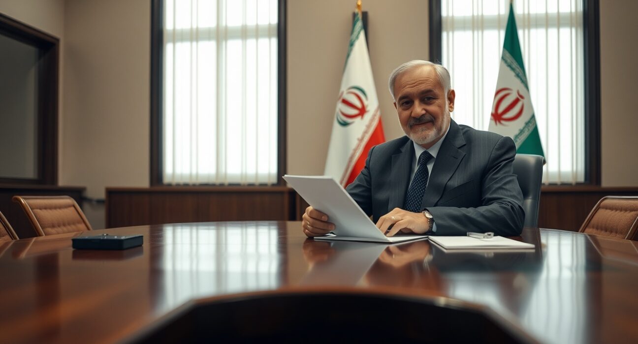 Iranian diplomat presenting a peace proposal document at a negotiation table