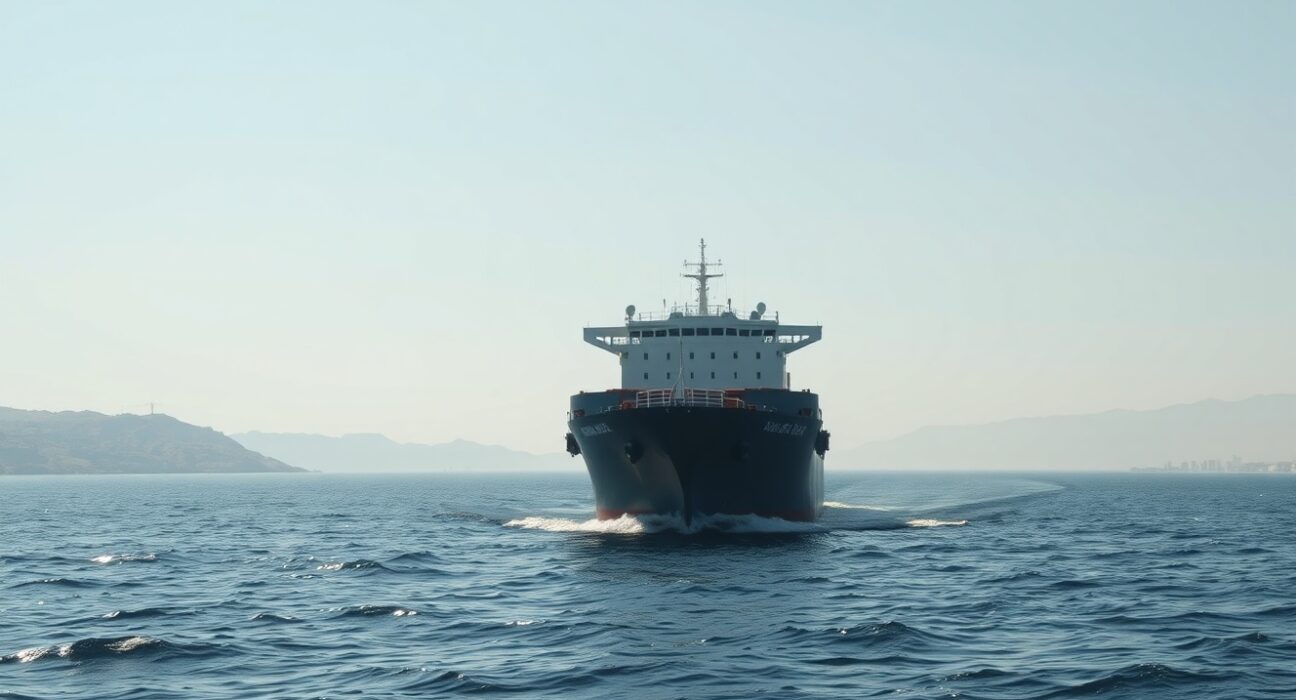 A cargo ship navigating the Strait of Hormuz, illustrating the Iran proposal for reopening the strategic waterway.