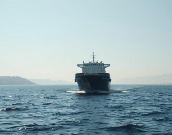 A cargo ship navigating the Strait of Hormuz, illustrating the Iran proposal for reopening the strategic waterway.
