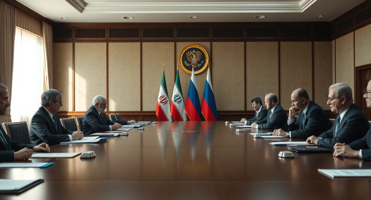 Iranian and Russian diplomats in a formal meeting room discussing nuclear proposal