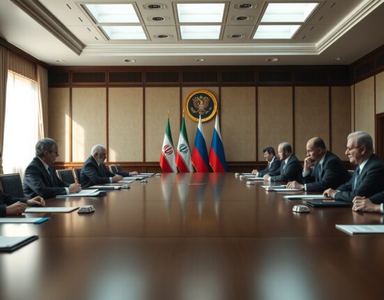 Iranian and Russian diplomats in a formal meeting room discussing nuclear proposal