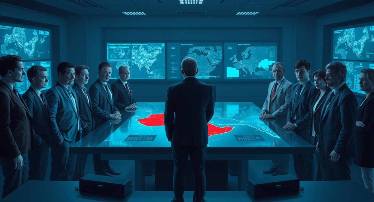 US intelligence analysts assess Iran's potential reaction to a Trump presidential victory in a secure operations center.