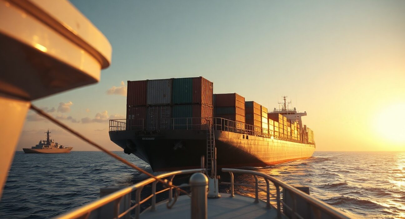 Container ship sailing through the Red Sea with a US naval vessel in the distance at sunset