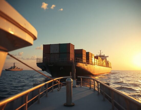 Container ship sailing through the Red Sea with a US naval vessel in the distance at sunset