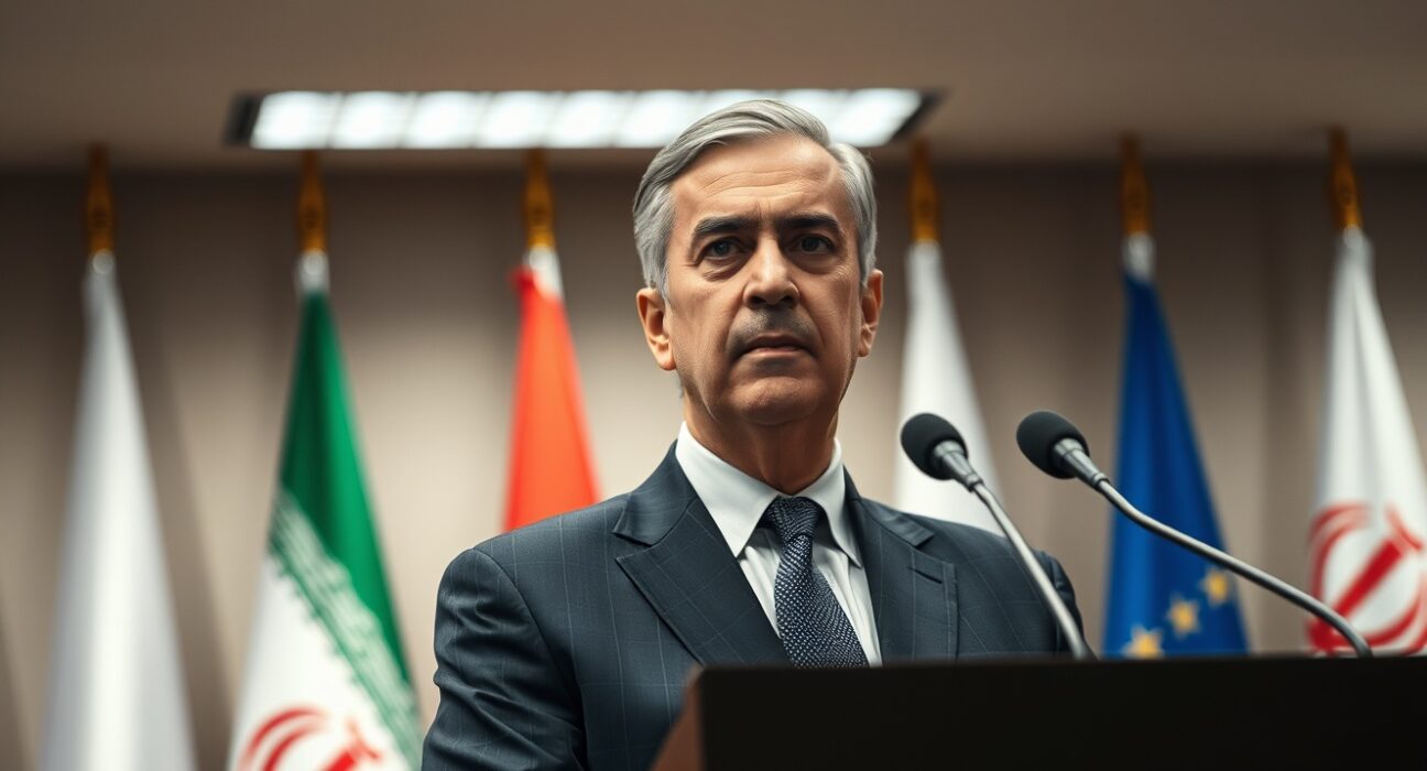 Iranian official rejecting ceasefire negotiations at diplomatic press conference